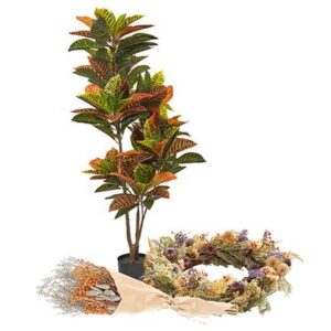 Vibrant Artificial Croton Plant with Dried Floral Accents